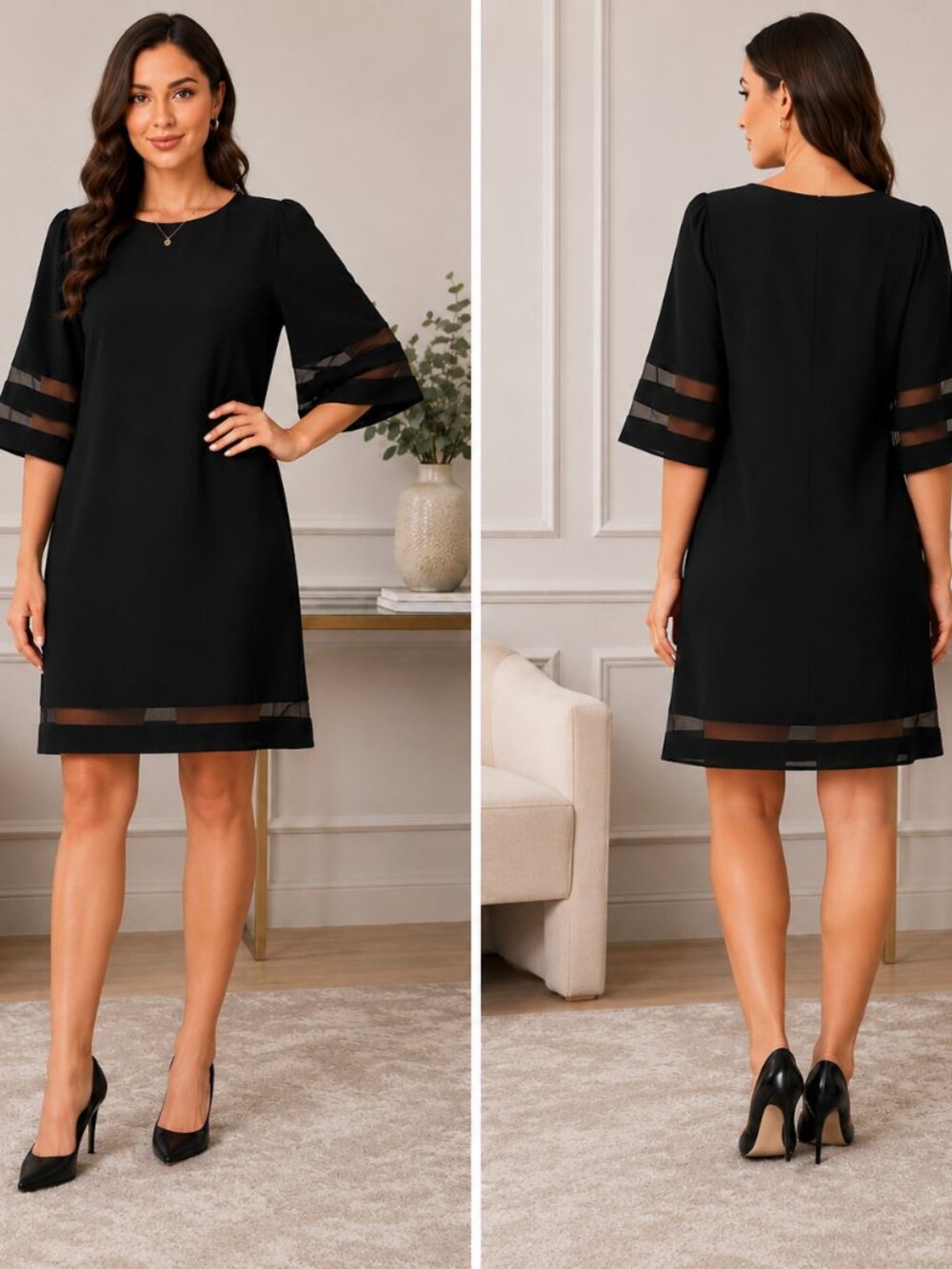 Black Sheer Trim Shift Women's XL Elegant‎ Bell Sleeve Career Cocktail Dress